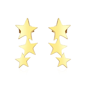 Pair of gold stainless steel stud earrings featuring three stars in a vertical arrangement