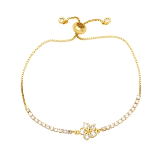 Minimalist gold flower bracelet with sparkling white zircon and adjustable bolo slider clasp