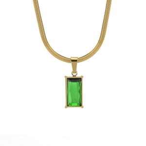 Flat snake chain necklace with rectangular emerald green pendant in gold setting