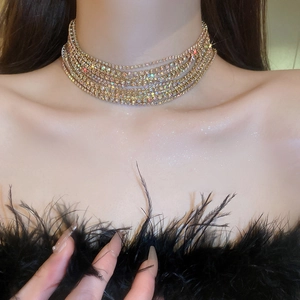 Close-up of multilayer gold choker with sparkling colorful rhinestones on a female model