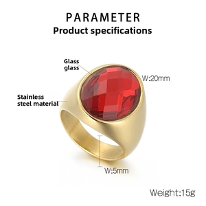 Detail view of gold stainless steel ring featuring oval red faceted glass and dimensions