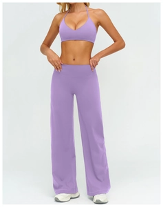 Detail of high-waist wide-leg yoga pants with wide waistband in lavender purple finish