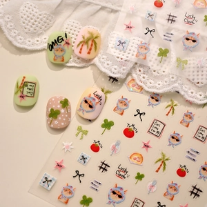 Cute cartoon clover and cat nail art stickers set with colorful summer aesthetic patterns