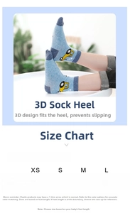 Size chart for baby boy socks detailing ages 1-13 and recommended foot lengths