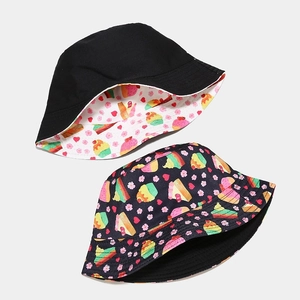 Cute reversible sun hat with cartoon ice cream pattern and solid black cotton design