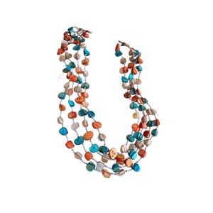 Multilayered bohemian necklace with irregular orange and blue shell beads on silver chain
