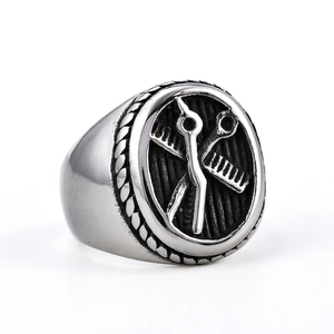 Vintage silver barber ring with scissors and comb 3D relief in stainless steel