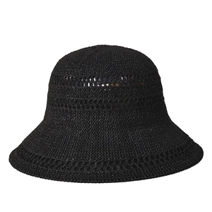 Women's foldable black knit sun hat with wide wavy brim and breathable hollow design