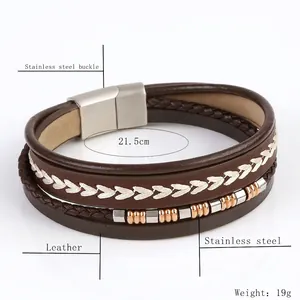 Vintage multi-layer braided brown leather bracelet for men with magnetic steel clasp