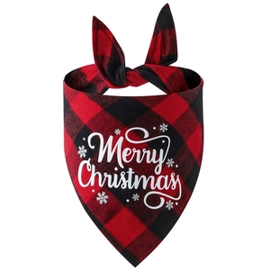 Close-up of red buffalo plaid cotton dog bandana with white Merry Christmas lettering
