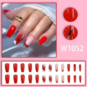 Red ballet coffin press-on nails with butterfly nail art and french glitter accents