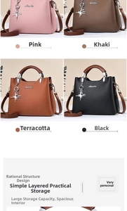 Detail view of lychee leather handbags in pink, khaki, brown, and black with metal handles