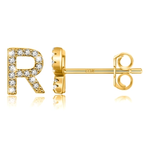 Macro detail of S925 sterling silver stamp on the gold-plated letter R earring