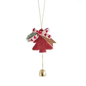 Christmas plush tree ornament with golden bell, red velvet ribbon and merry christmas tag
