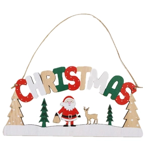 Wooden Merry Christmas ornament with Santa, reindeer and tree for festive tree decoration