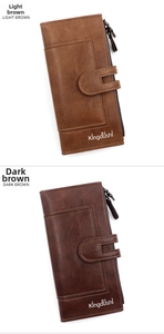 Vertical display of light and dark brown long PU leather wallets with many card slots