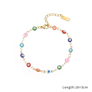 Golden stainless steel evil eye bead bracelet with multi-color charms for women
