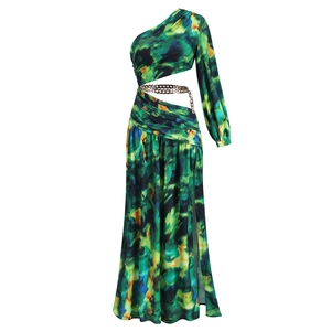 One-shoulder cutout printed dress with metal chain waist and high slit floral pattern