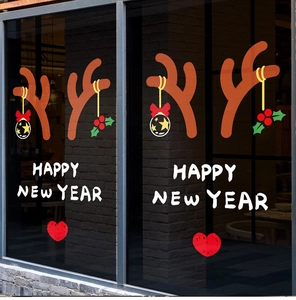 Adesivi natalizi dettagliati con corna di renna e scritte Happy New Year per vetrine
