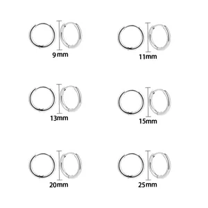 Size chart showing six diameter options from 9mm to 25mm for stainless steel hoop earrings