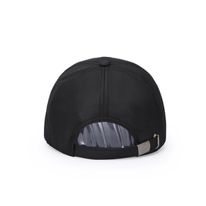 Rear view of black breathable mesh baseball cap with adjustable metal buckle strap