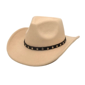 Close-up of beige wool felt cowboy hat with silver rivet studded leather band detail