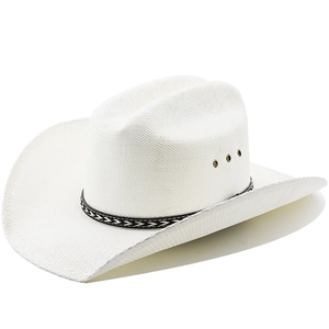 Detail of white straw cowboy hat featuring metal eyelets and a geometric striped band