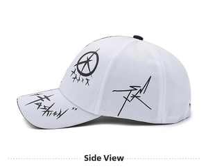 Side view of white baseball cap with black graffiti style text and star prints