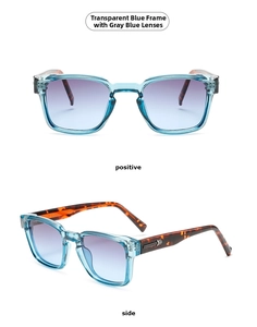 Detail view of transparent blue frame sunglasses with gray gradient lenses and tortoise temples