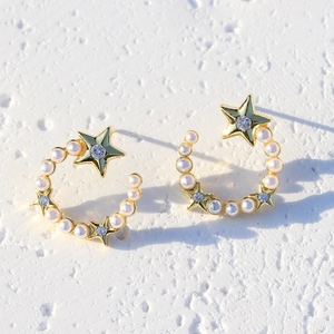 Star Moon Stud Earrings Copper Gold Plated With Zircon And Artificial Pearl Geometric Chic Fashion Jewelry For Women
