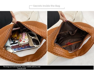 Internal structure of woven tote bag showing spacious main pocket and multi-compartments