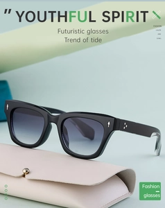 Polarized sports sunglasses with blue gradient lenses on a beige leather protective case