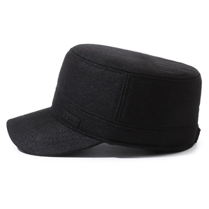 Men's winter flat top military cap in black fleece with sport tag for outdoor warmth