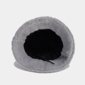 Winter faux fur bucket hat in grey featuring adjustable inner drawstring and warm lining
