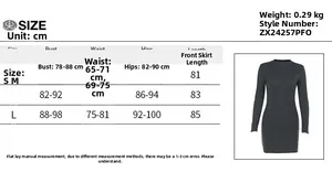 Size chart table showing measurements for the elegant slim fit knitted long sleeve dress