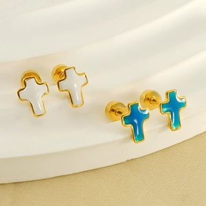 Classic cross-shaped titanium steel screw back earrings with white and teal enamel inlay
