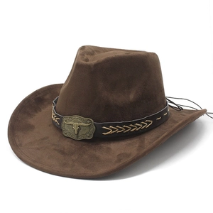 Thick faux suede western cowboy hat in dark brown with bull skull buckle and woven band
