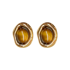Vintage gold oval faux tiger eye stone stud earrings with a minimalist lava design