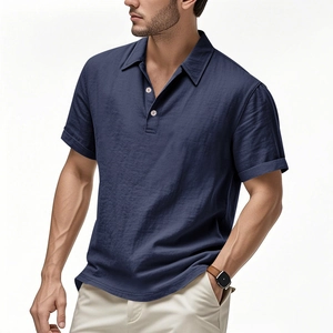 Men's navy blue linen polo shirt with short sleeves and buttoned collar in slim fit