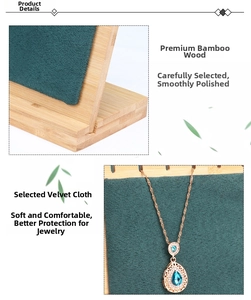 Detail of dark green velvet necklace display stand with premium bamboo wood base