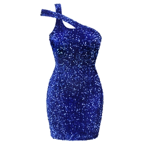 Robe moulante élégante à paillettes bleues et une épaule pour soirée et club