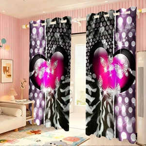 Detail of purple blackout curtain featuring 3D glowing heart, butterflies, and metal grommets