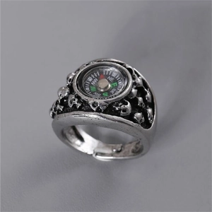 Vintage silver skull compass ring with adjustable open band for men in retro style