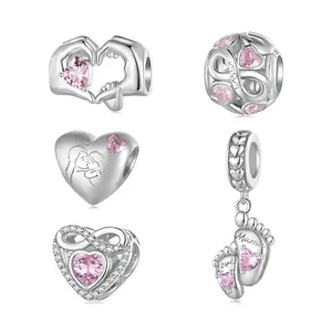 925 Sterling Silver Heart Charm Beads With Pink Zirconia For Bracelet Mother Day Mom Love Theme Jewelry Accessory
