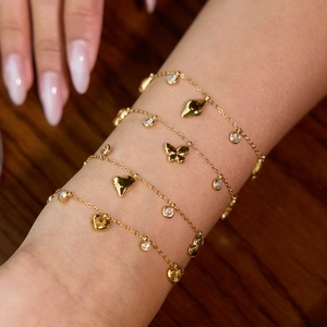 Elegant 18K gold plated stainless steel bracelets with heart and butterfly charms