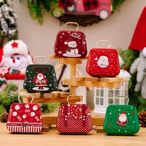 Miniature Christmas Tinplate Suitcase Candy Box Santa Snowman Metal Gift Box Portable Small Storage Box Holiday Decoration