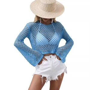 Blue hollow knit long sleeve sweater with crochet details for summer beach vacation style