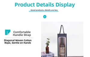 Detail of red wine paper bag with transparent window and black cotton rope handle