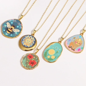 Retro titanium steel necklaces with Van Gogh star night and floral resin pendants