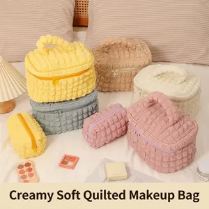 Seersucker Cosmetic Bag Bubble Texture Large Capacity Travel Toiletry Case Portable Handle Soft Makeup Storage Pouch Women